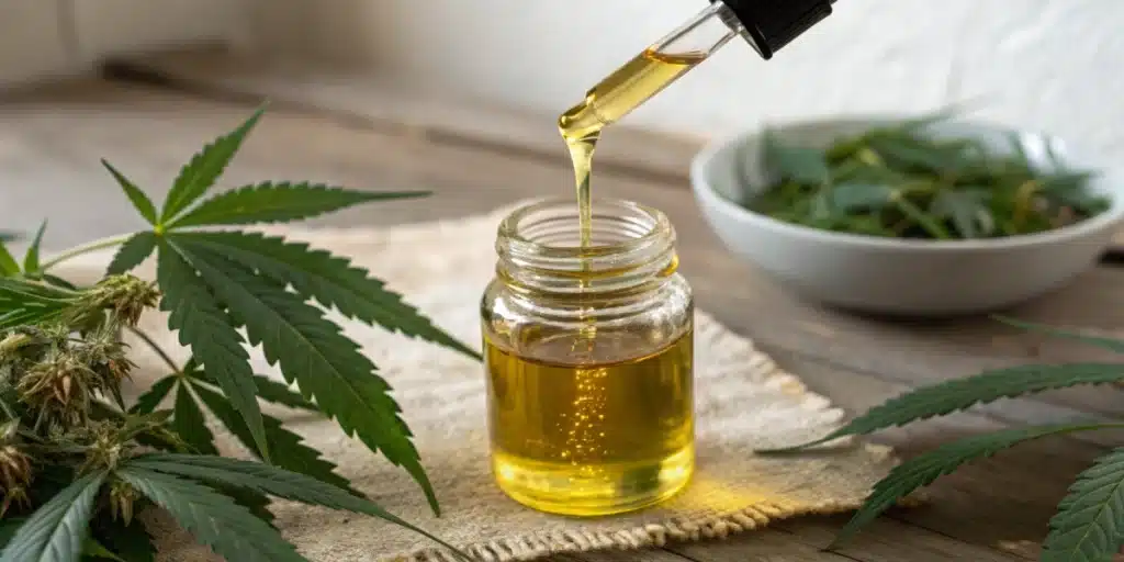 Dropper dispensing golden oil into a glass bottle, with cannabis leaves and buds in background, for CBD extract.