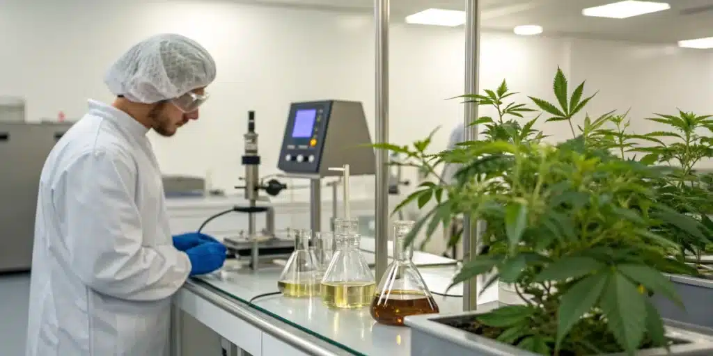 Scientist in lab coat and hairnet working with cannabis plants and chemical flasks in a bright, modern lab.