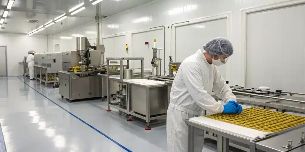Worker in full cleanroom suit and gloves, processing products on a conveyor belt in a sterile laboratory setting.