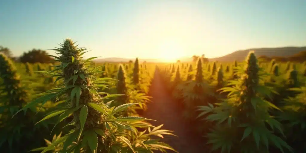 Wide-angle view of a dry farming cannabis field at sunrise with healthy plants.