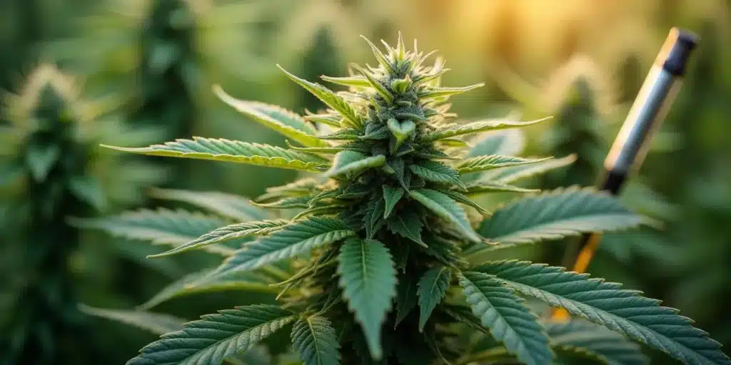 Close-up of a healthy cannabis plant fertilized outdoors with organic nutrients.