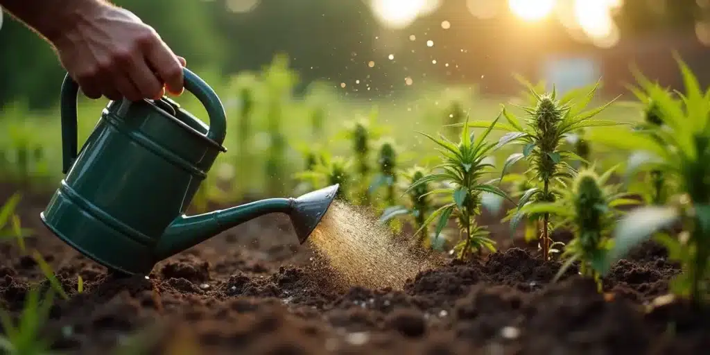 A gardener using a watering can to apply organic liquid fertilizer to young outdoor weed plants, ensuring healthy growth in natural soil.