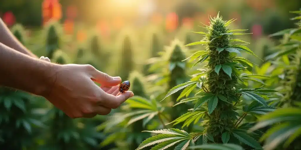 A grower introducing a ladybug to a cannabis plant in an outdoor field to prevent pests and mold growth. The best outdoor mold resistant strains thrive in natural environments with proper care.