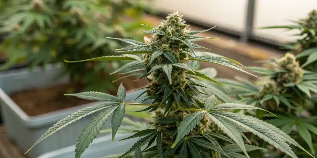 Close-up of a cannabis plant with mature branches signaling when to stop topping outdoor plants.