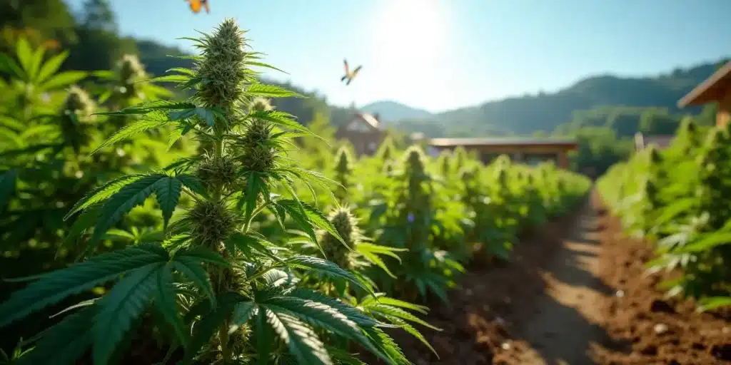 Thriving outdoor marijuana plants in a summer field with sunlight.