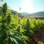 Thriving outdoor marijuana plants in a summer field with sunlight.
