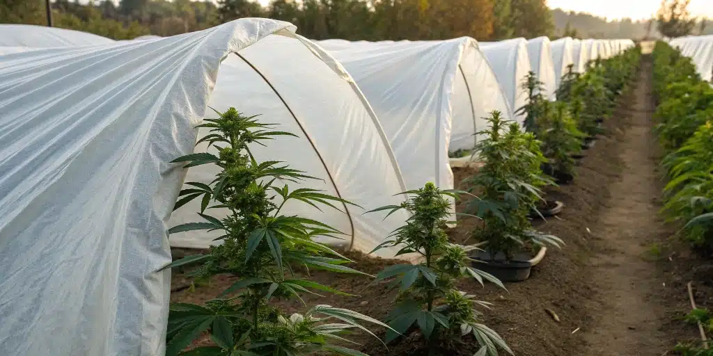 Cannabis plants under row covers on a cold day, demonstrating late planting protection techniques.
