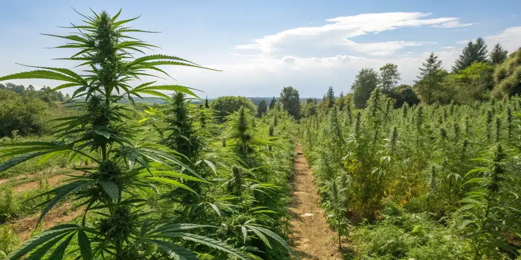 Outdoor cannabis garden showing healthy plants at the point when to stop topping outdoor plants.