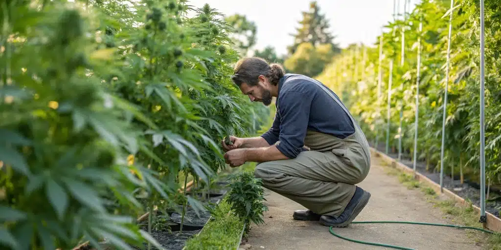 Gardener monitoring outdoor autoflower yield in a well-kept cannabis garden during a sunny day.