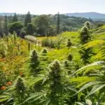 Outdoor autoflower yield in a thriving cannabis garden bathed in natural sunlight.