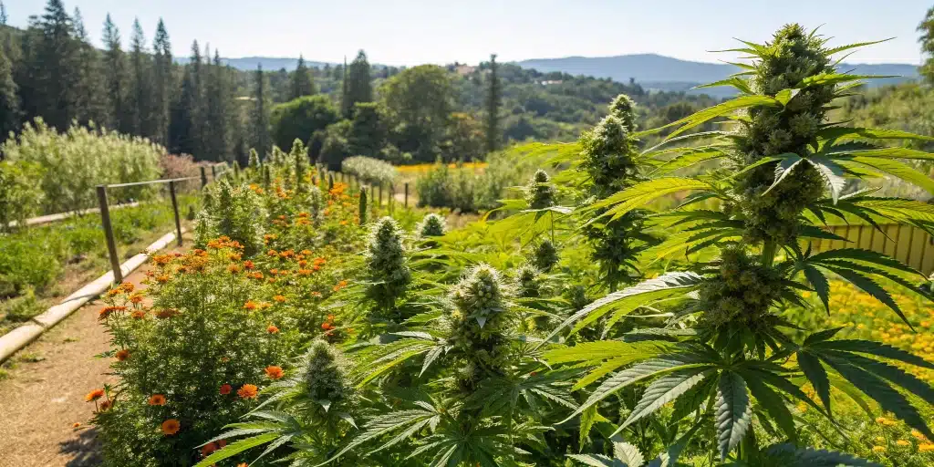 Outdoor autoflower yield in a thriving cannabis garden bathed in natural sunlight.
