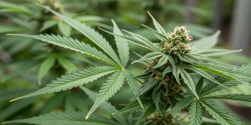 Close-up view of outdoor plants flowering too early on a cannabis plant, highlighting premature buds and stress symptoms