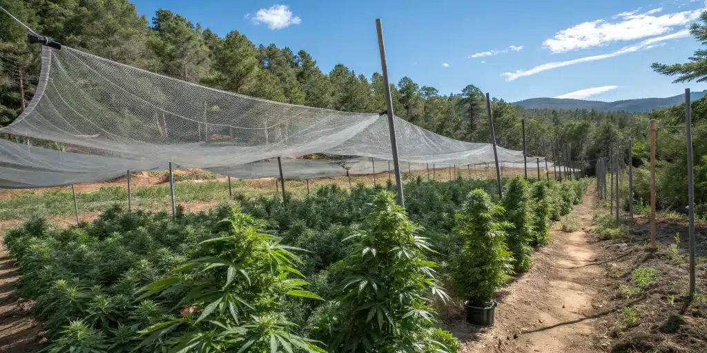 An outdoor cannabis garden using shading techniques to prevent outdoor plants flowering too early, ensuring balanced growth.