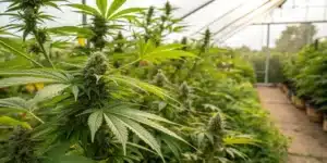 A cannabis garden with outdoor plants flowering too early, showing premature buds and altered leaf growth.