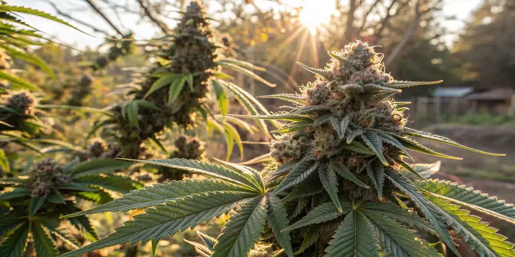 Close-up view of flowering cannabis buds showing increased yield during outdoor cultivation."