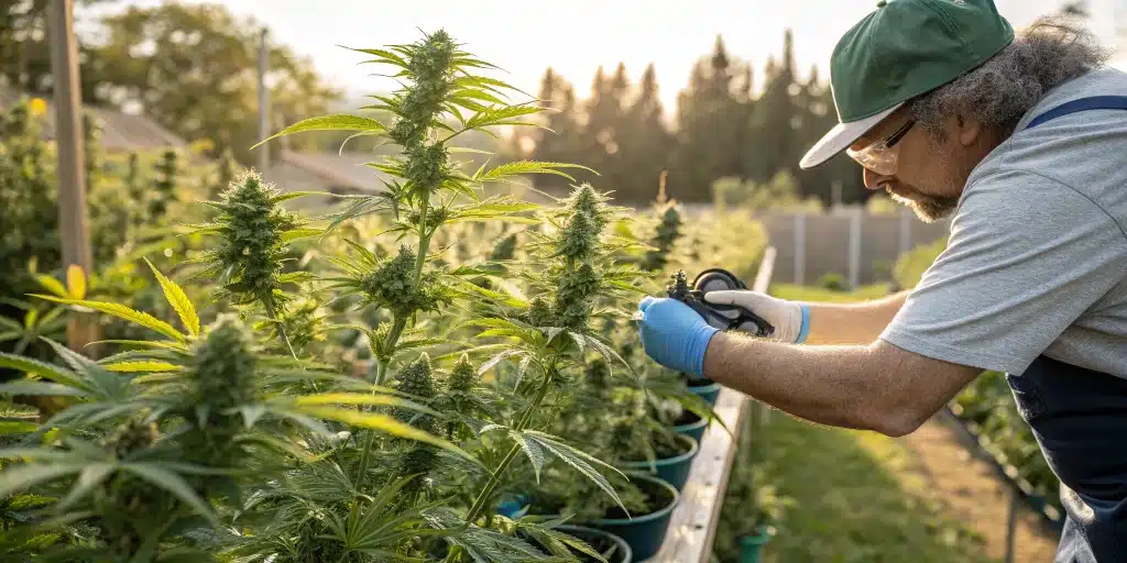 Grower training outdoor cannabis plants with pruning techniques to boost yield during flowering.
