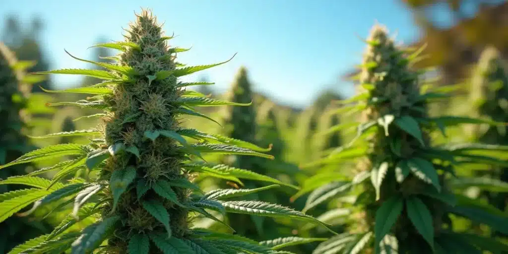 A close-up of a thick cannabis cola with visible trichomes, growing in an outdoor field.