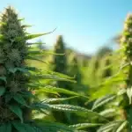 A close-up of a thick cannabis cola with visible trichomes, growing in an outdoor field.