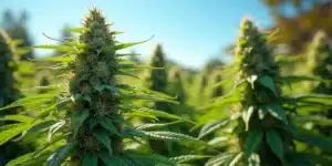 A close-up of a thick cannabis cola with visible trichomes, growing in an outdoor field.