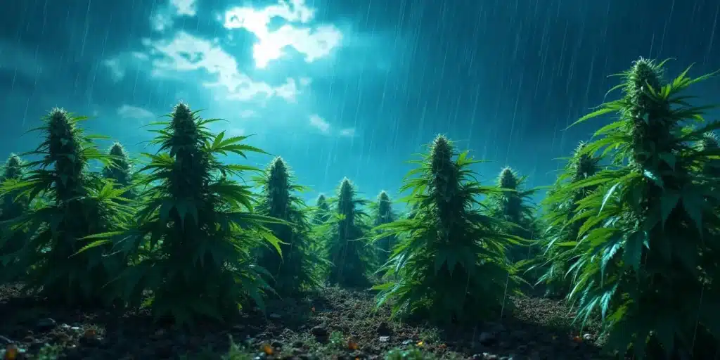 Marijuana plants in an outdoor field during flowering, exposed to heavy rain at night.
