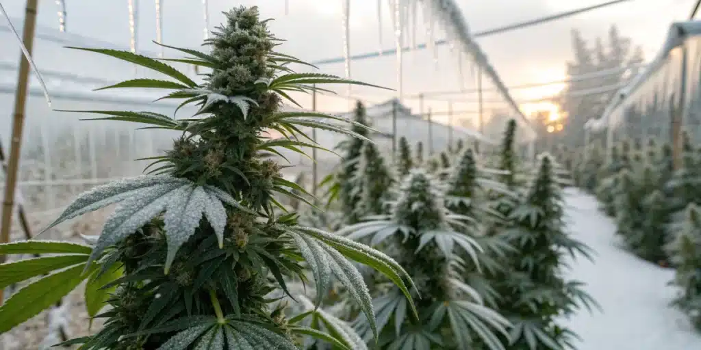 Winter cannabis garden with healthy, frost-resistant plants thriving in a snowy outdoor environment.