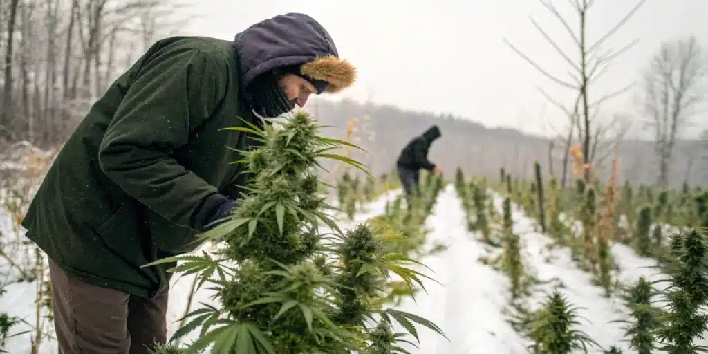 Outdoor grower checking resilient cannabis plants in a cold, frosty climate.