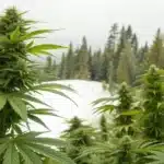 Infographic displaying top cannabis strains suited for cold climates with key frost resistance and yield statistics.