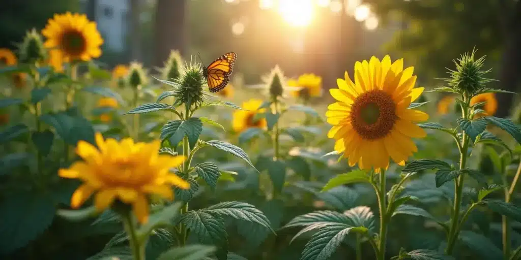Outdoor cannabis plants flowering prematurely next to sunflowers.
