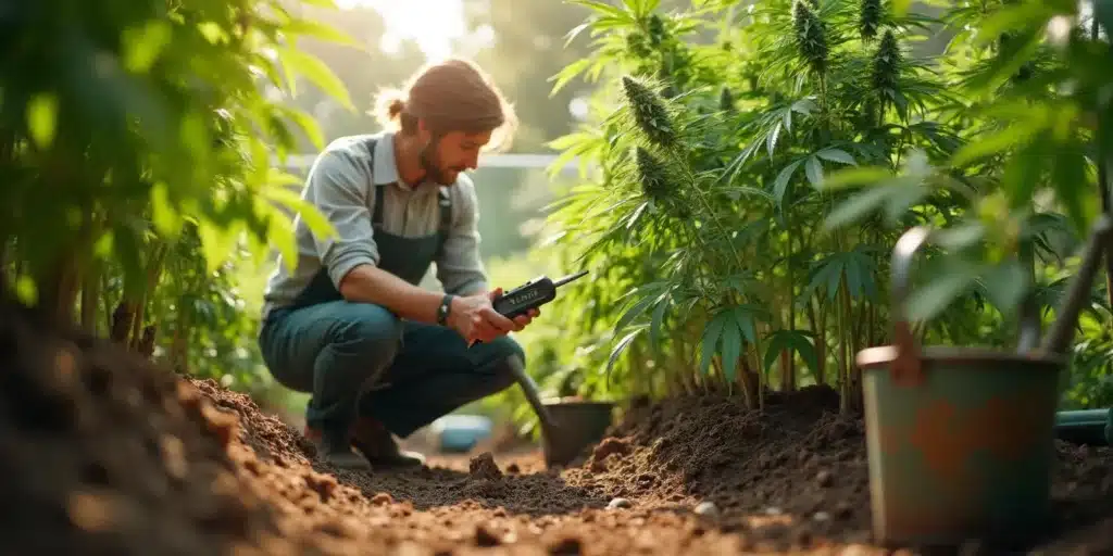 Grower monitoring outdoor plants flowering too soon using a soil tester.