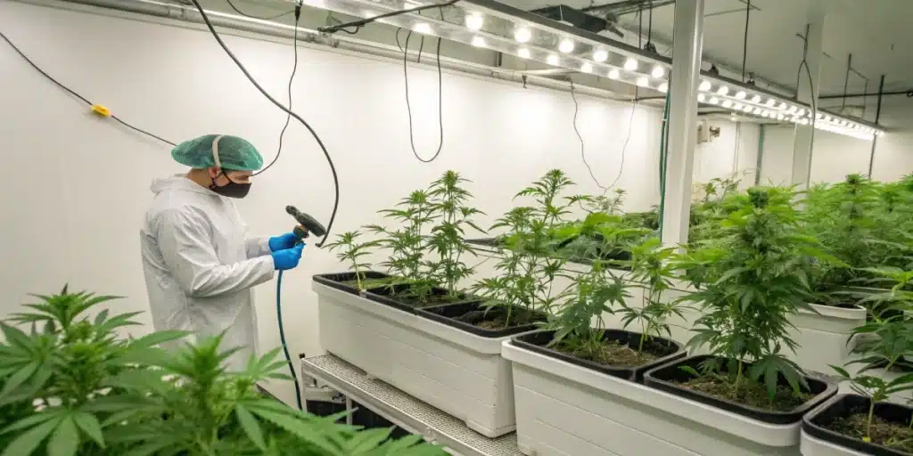 Grower in protective suit and mask watering rows of cannabis plants under grow lights in indoor facility.