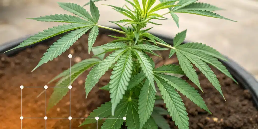Cannabis plant in pot with pH testing kit showing colored liquid samples and a clear liquid.