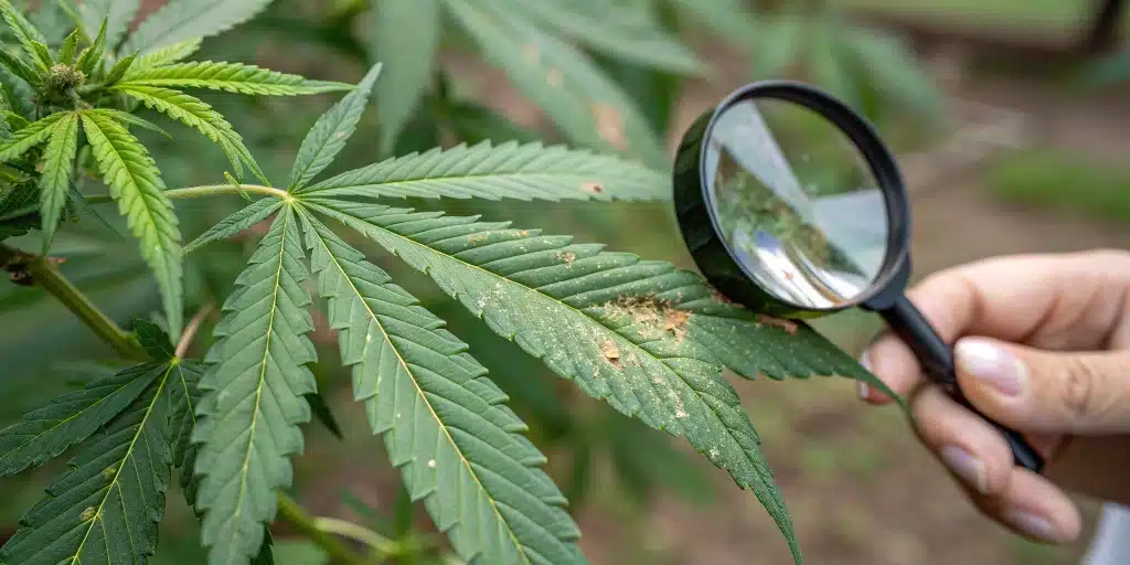 Close-up view for outdoor cannabis pest identification with detailed pest damage on a cannabis leaf.