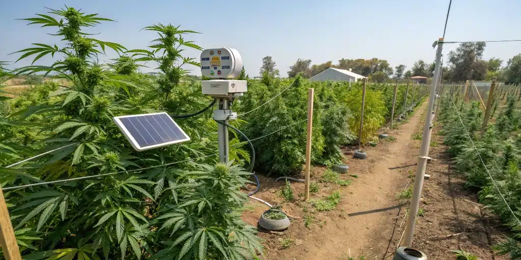 Outdoor cannabis pest identification using traps and monitoring devices in a lush cannabis garden.