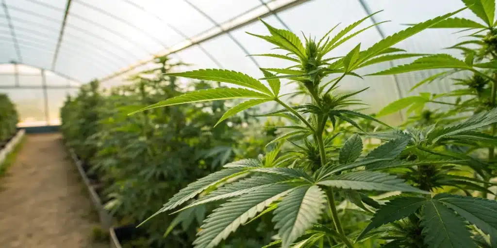 Greenhouse interior with rows of lush cannabis plants and a narrow path, suggesting cannabis cultivation.