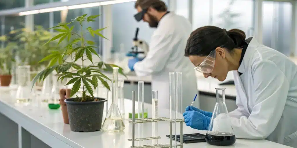 Scientists in lab coats and safety glasses conducting research in a lab with cannabis plants, test tubes, and microscopes.