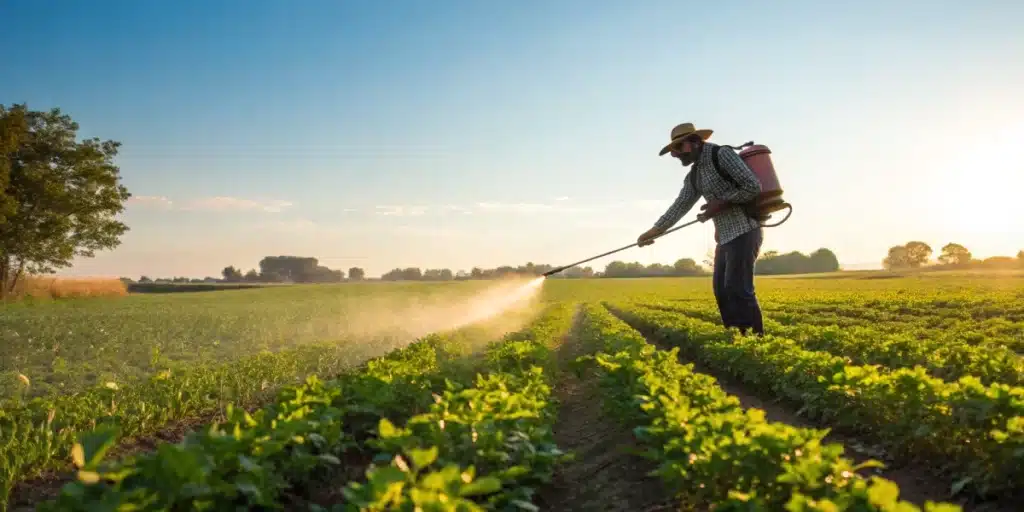 Farmer in a straw hat spraying crops in a field with a backpack sprayer, at sunset.