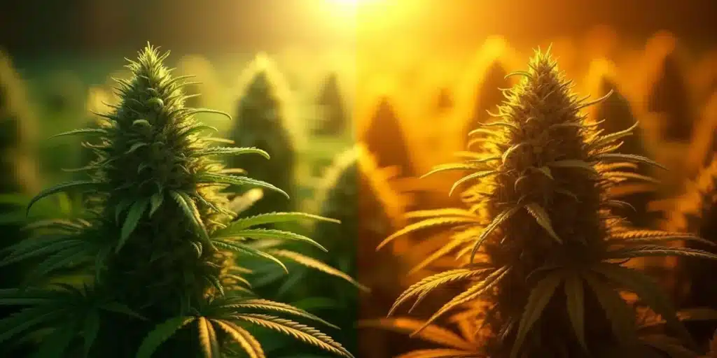 Split image comparing photoperiod cannabis plants: green under green-yellow light on left, and golden-orange under warm orange light on right.