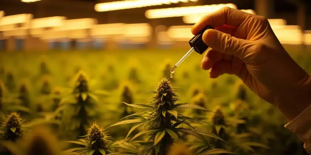 Dropper applying plant growth regulators to a cannabis bud in a grow room.
