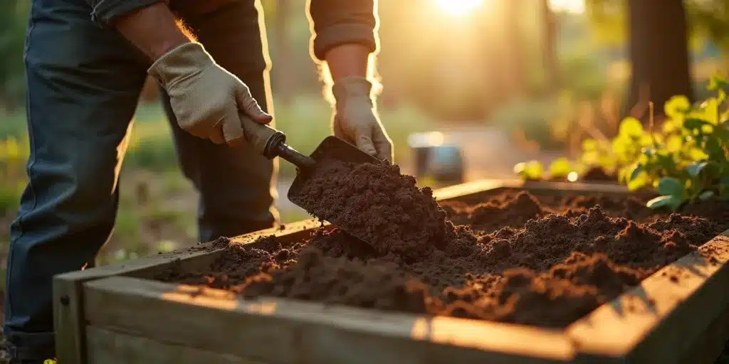 Close-up of a gardener shoveling rich organic soil into a raised garden bed for outdoor cannabis cultivation.