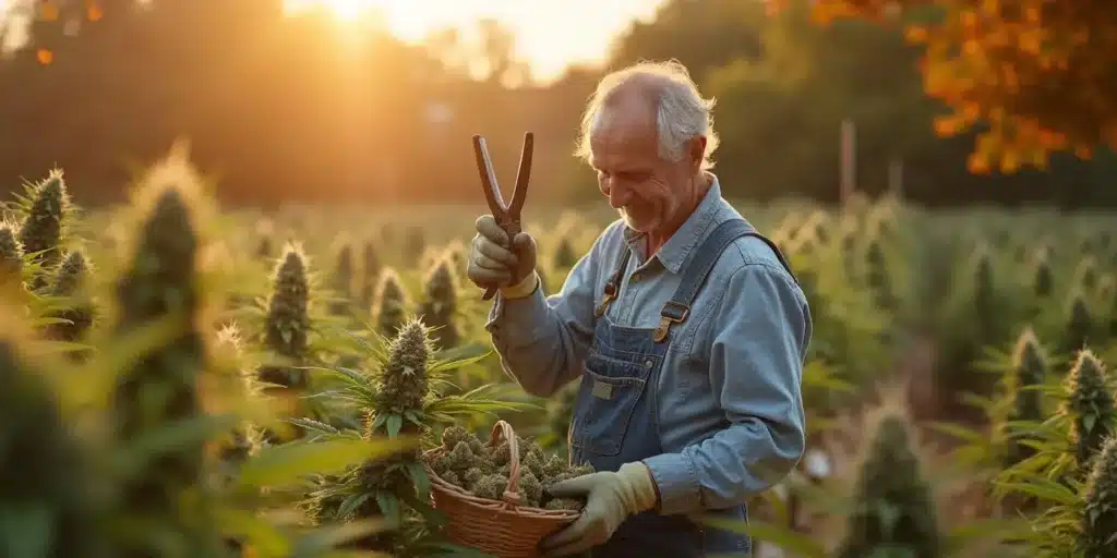 An elderly farmer with gardening gloves and shears harvesting cannabis buds from raised beds in an outdoor field.