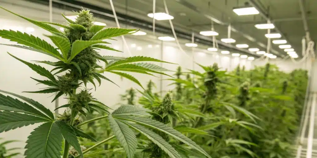 Cannabis plants in greenhouse with proper humidity control to prevent mold."