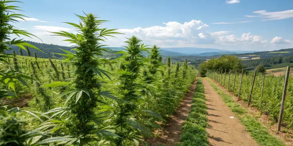 Outdoor bud rot prevention with healthy, well-spaced cannabis plants under clear skies.
