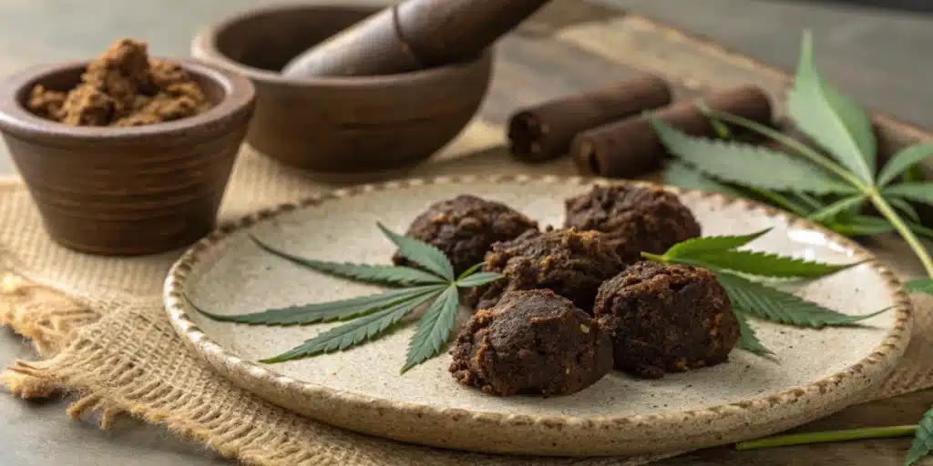 Plate with hash edibles and cannabis leaves, next to a mortar and pestle with hash, and hash rolls on a burlap mat.