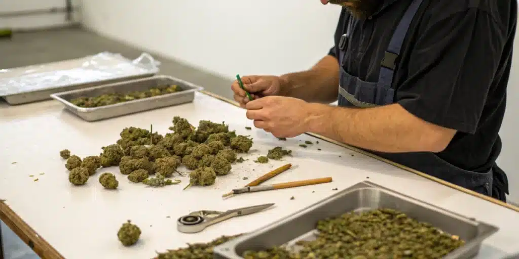 Person with a beard and apron trimming cannabis buds on a table, with processing tools and a tray of cannabis material.