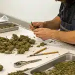 Person with a beard and apron trimming cannabis buds on a table, with processing tools and a tray of cannabis material.