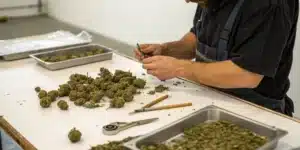 Person with a beard and apron trimming cannabis buds on a table, with processing tools and a tray of cannabis material.