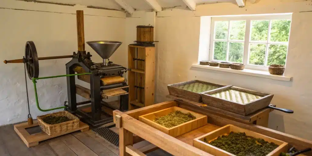 Traditional hash press with a large wheel, a funnel, and trays of processed green plant material in a rustic room.