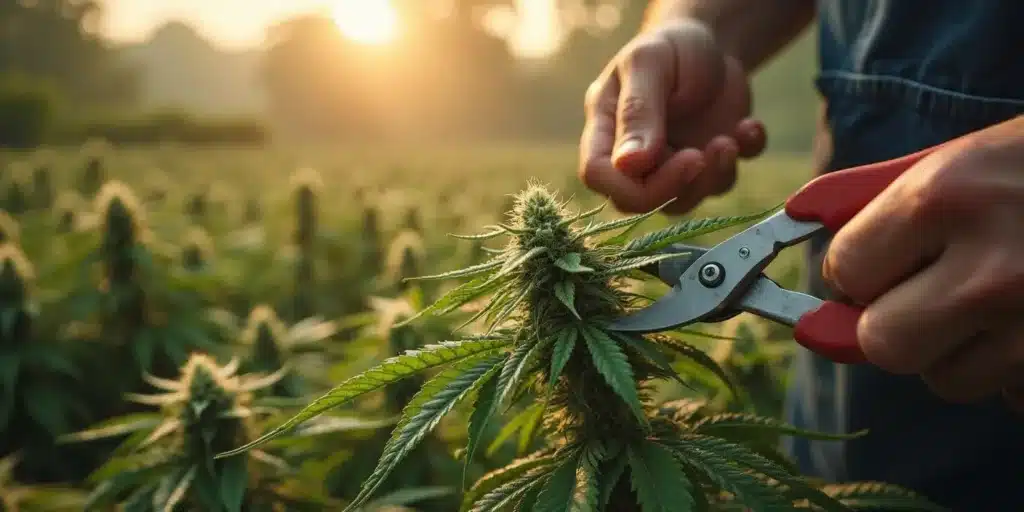 Hands using pruning shears on an outdoor photoperiod cannabis plant, with a field of plants and a sunset in the background.