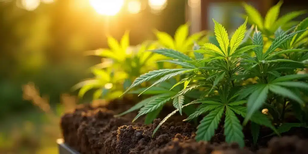 Healthy cannabis plants growing in a raised garden bed with nutrient-rich soil.