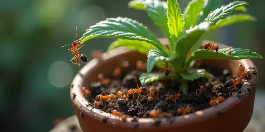 A terracotta pot with a young cannabis plant being overrun by red ants.